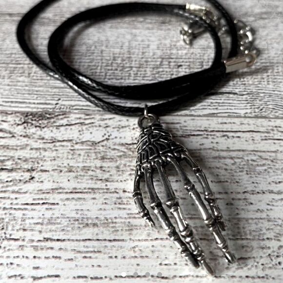 Creepy, Oversized Skeleton Hand Pendant, w/ Black Wax Cord Necklace - Picture 11 of 12